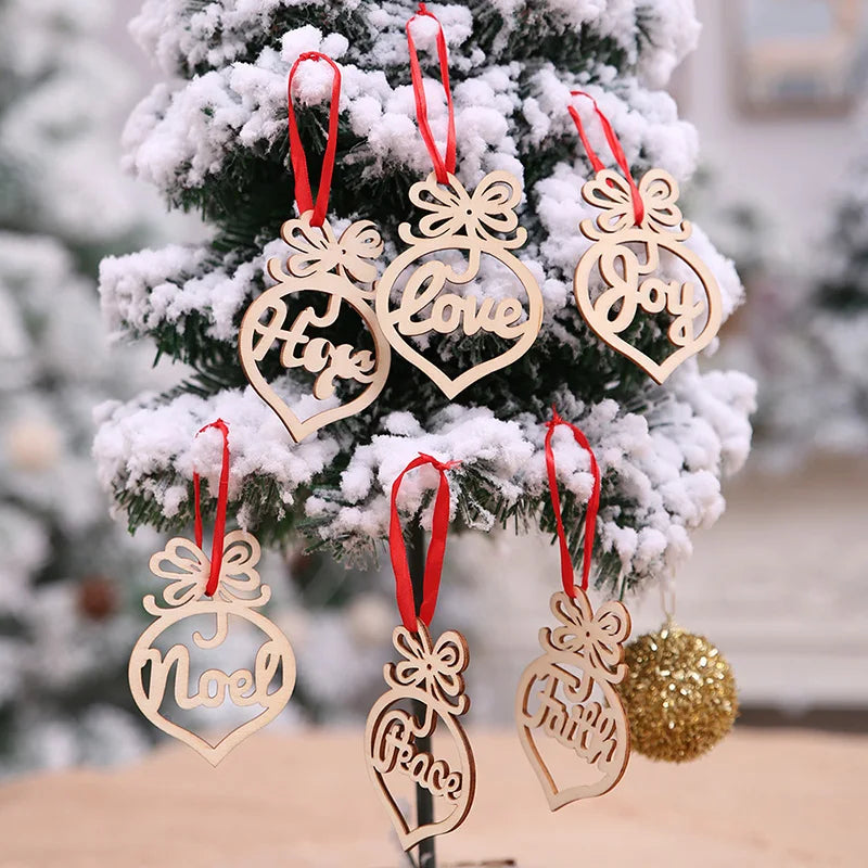 6Pcs Christmas Decorations Wooden Ornament Xmas Tree Hanging Tags Pendant Decor