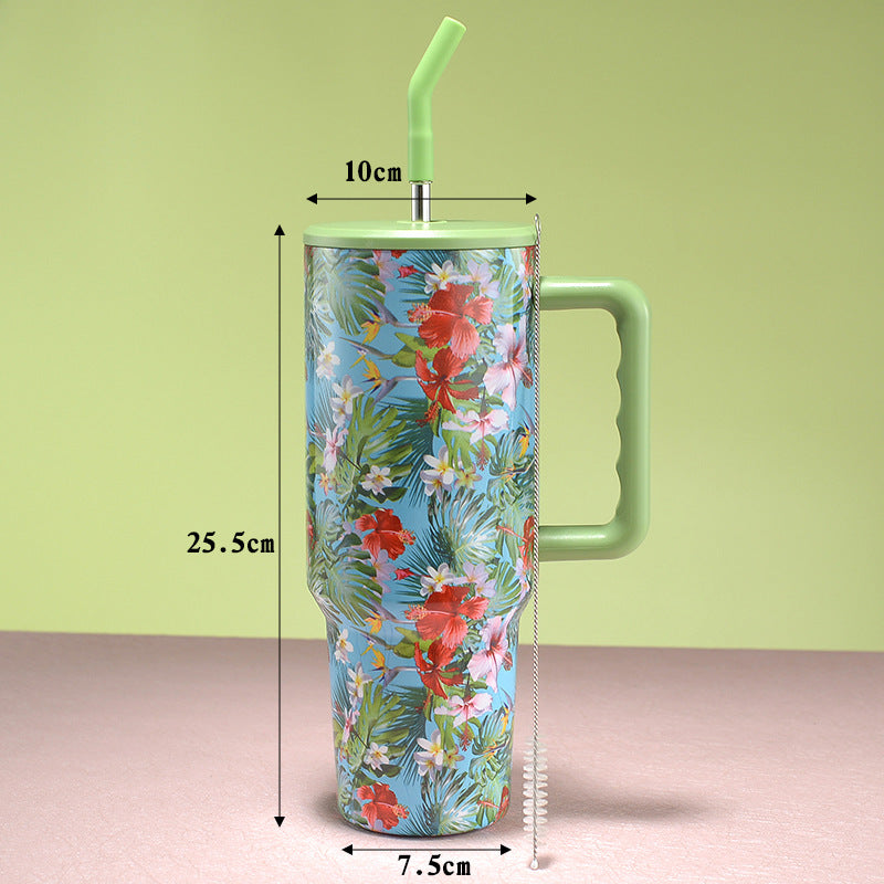 Tumbler With Handle Engraved Water Cup Straw Travel Drinkware Flower Bandhnu Leopard