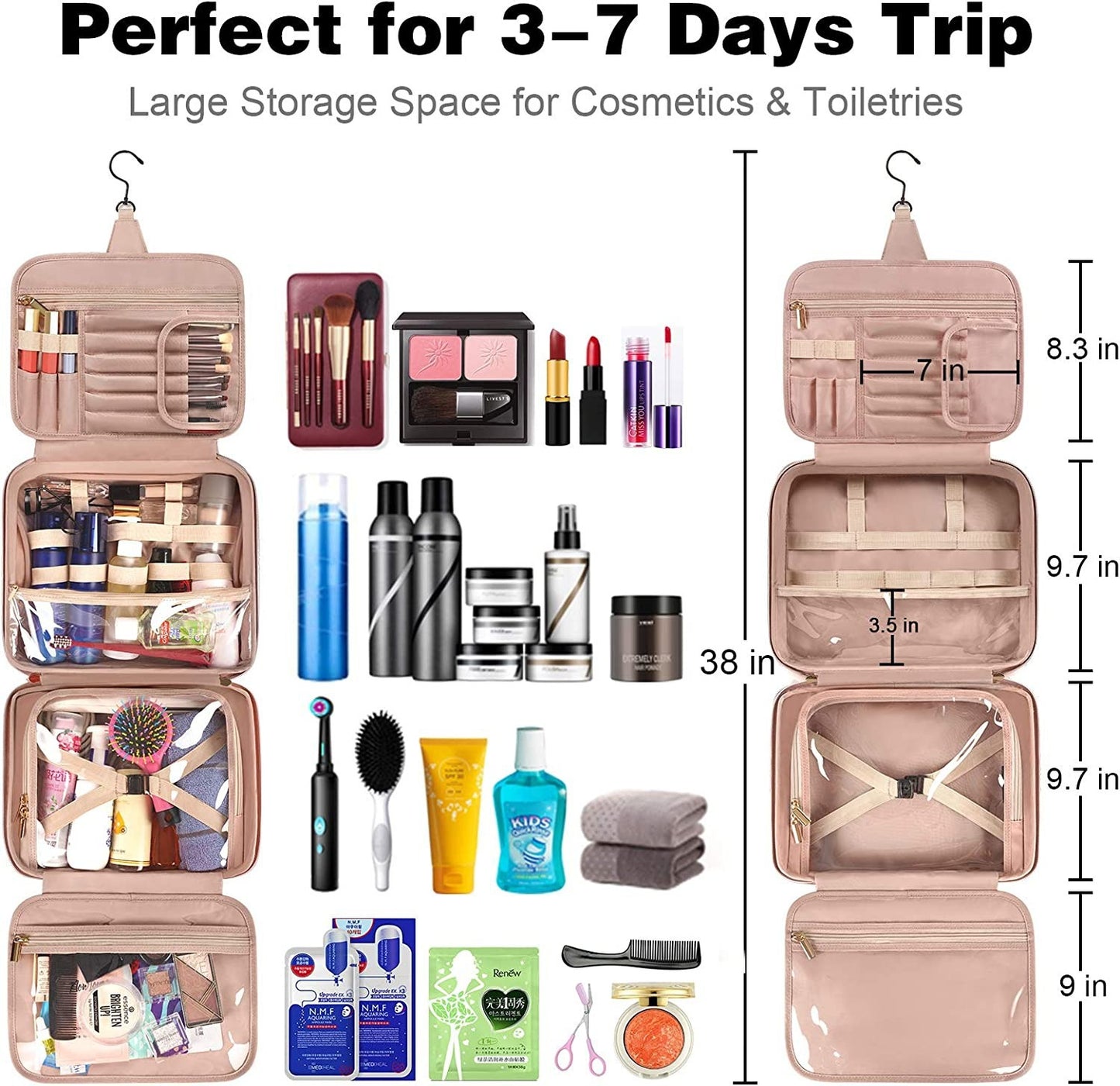 Water-resistant Toiletry Bag with hanging Hook For men and Women gift, Foldable Makeup Cosmetic Bag Travel Organizer for Accessories, Shampoo, Full Sized Container, Toiletries