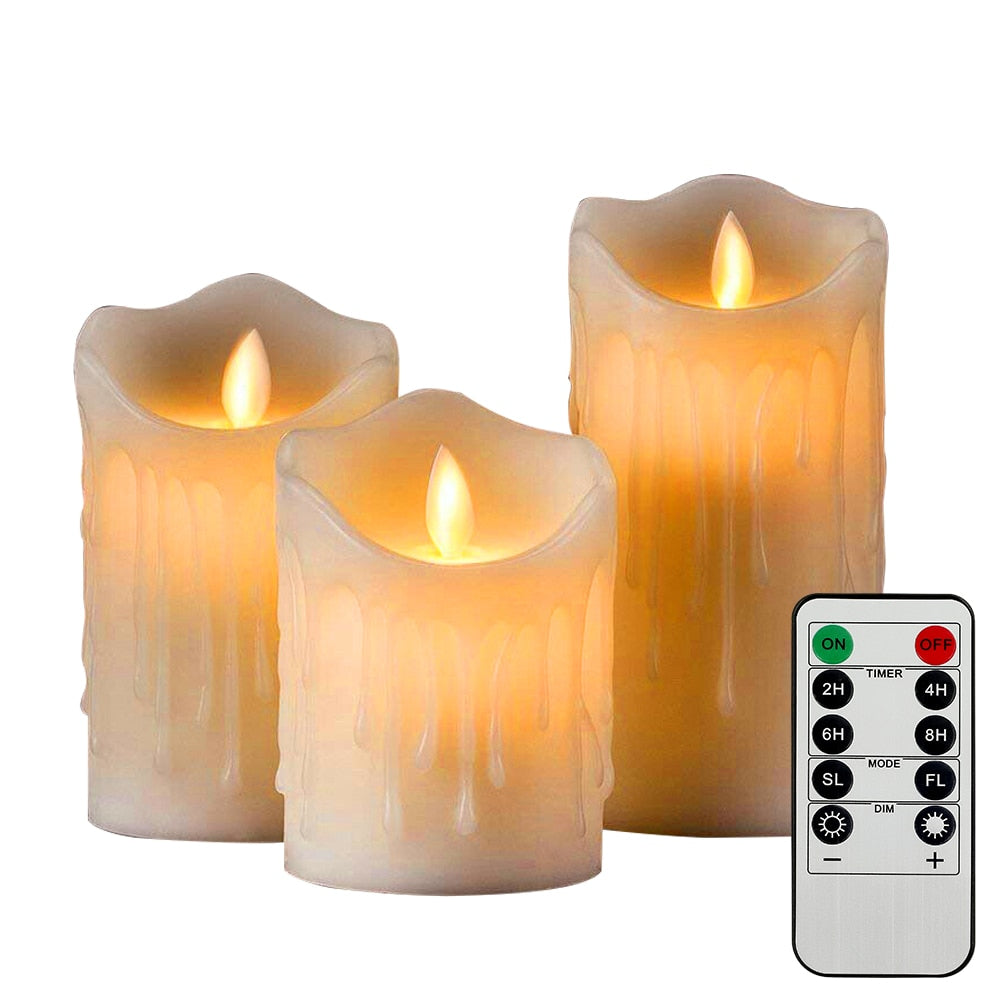 Set of 3 Remote Control LED Flameless Candles - Battery Powered Pillar and Tea Lights
