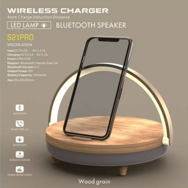 Wood Wireless Charger LED Lamp Speaker Fast Charging for iPhone Samsung Xiaomi