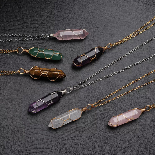Natural Stone Hexagon Crystal Bullet Pendant Necklace for Women Rose Quartz Opal Wire Wrap Chain Necklaces Amethyst Fashion Jewelry