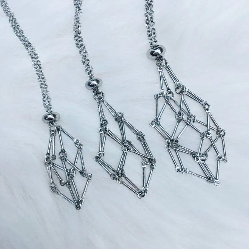 Stainless Steel Design Crystal Cage Necklace Holder Net Metal Chain Stone Collecting Holder Adjustable Pendant Copper Jewelry