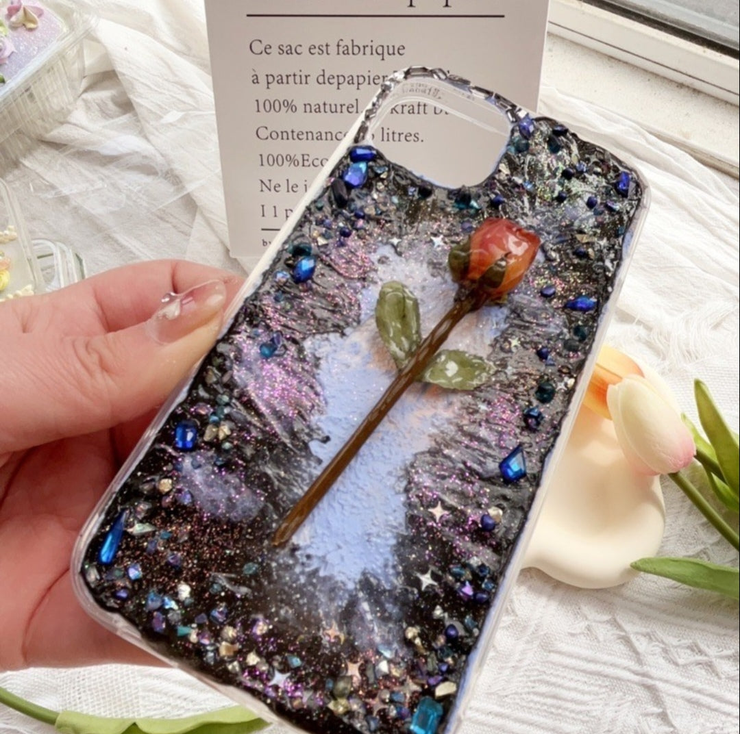 Handmade Decoden Phone Case with Violin, White Roses, and Decorative Accessories - Unique and Stylish Design