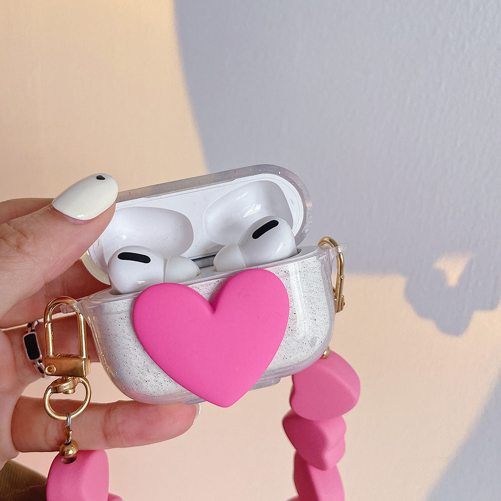 Pink Hearts Bracelet Keychain Compatible for Apple AirPod 1/2/3 Bluetooth Headphone Soft Charging Case Cover - give5me