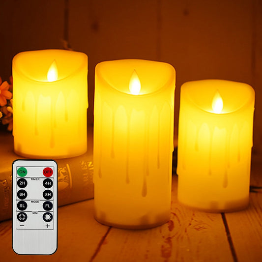 Set of 3 Remote Control LED Flameless Candles - Battery Powered Pillar and Tea Lights